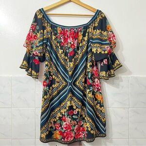 Pookie & Sebastian M Dark Floral Geometric Boho Ruffled Off Shoulder Mini Dress